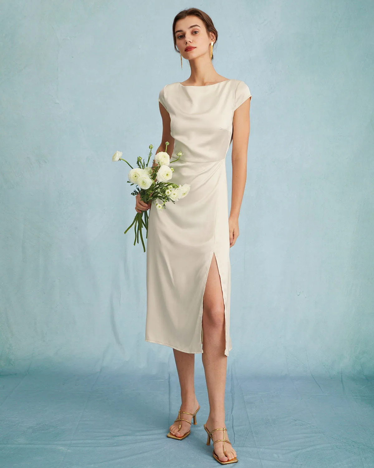 The Apricot Satin Cap Sleeve Sheath Slit Midi Dress sold by rihoas product image thumbnail 3