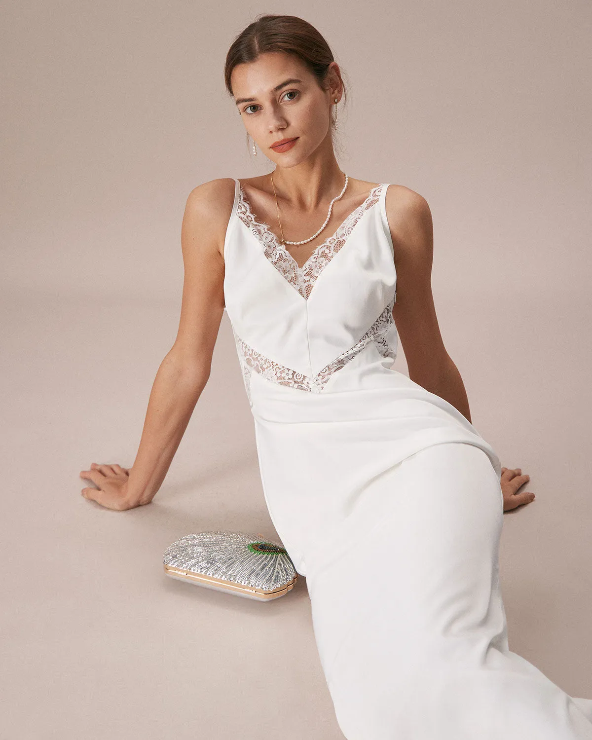 The White V Neck Lace Trim Slip Maxi Dress sold by rihoas product image thumbnail 3