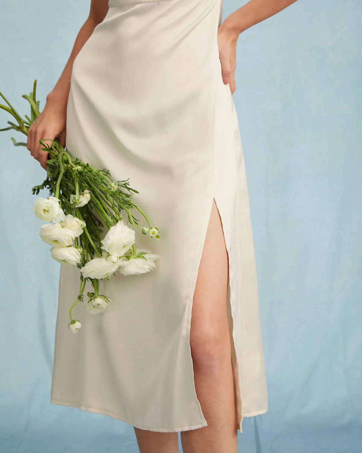 The Apricot Satin Cap Sleeve Sheath Slit Midi Dress sold by rihoas product image thumbnail 4