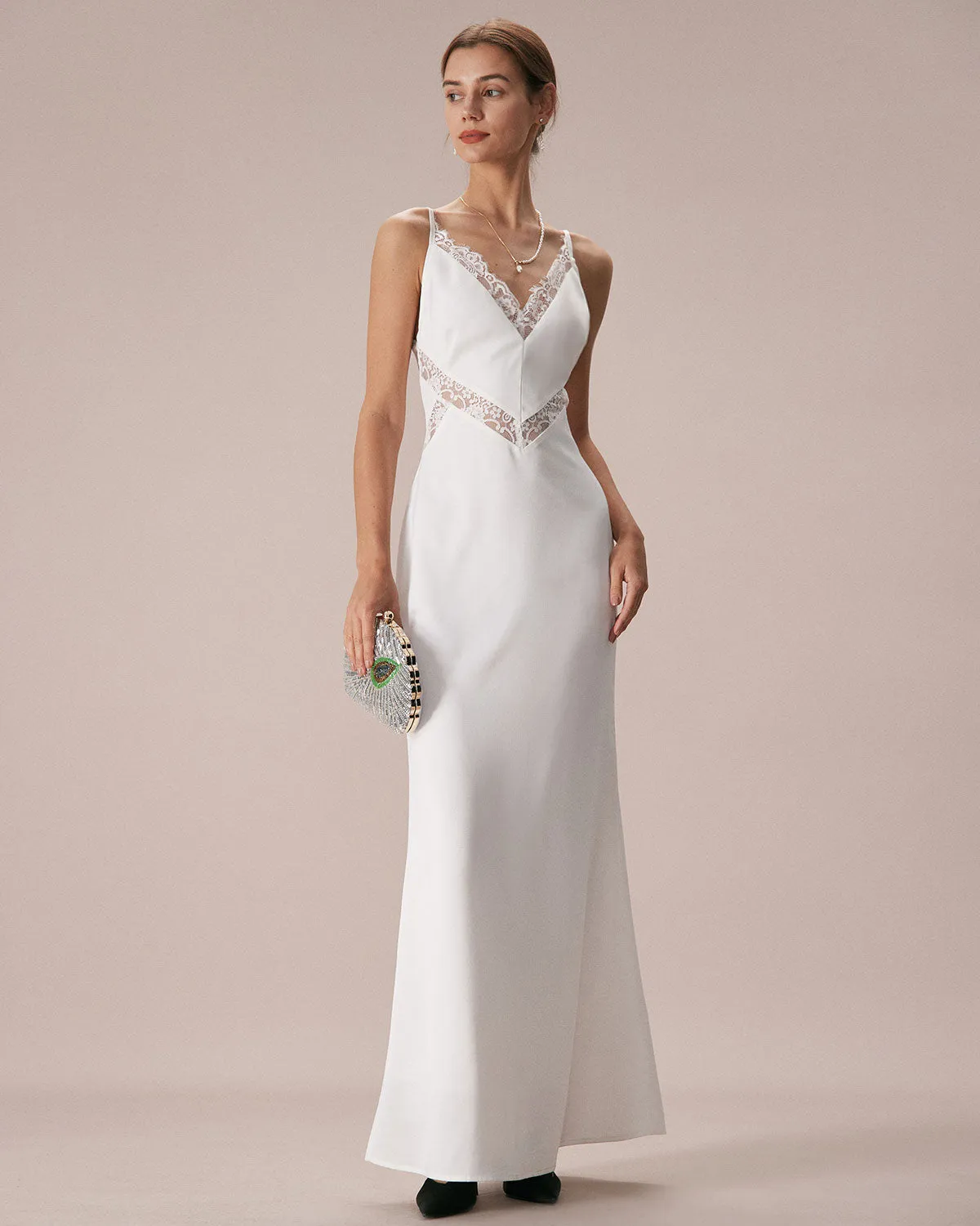 The White V Neck Lace Trim Slip Maxi Dress sold by rihoas product image thumbnail 4