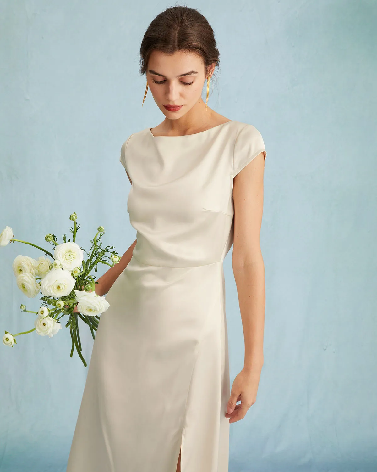 The Apricot Satin Cap Sleeve Sheath Slit Midi Dress sold by rihoas product image thumbnail 2