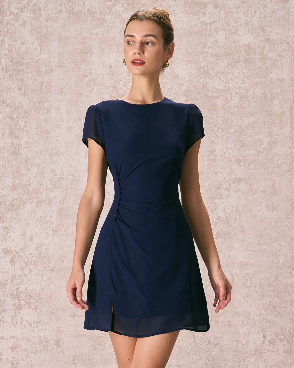 The Navy Round Neck Side Split Mini Dress sold by rihoas product image thumbnail 4
