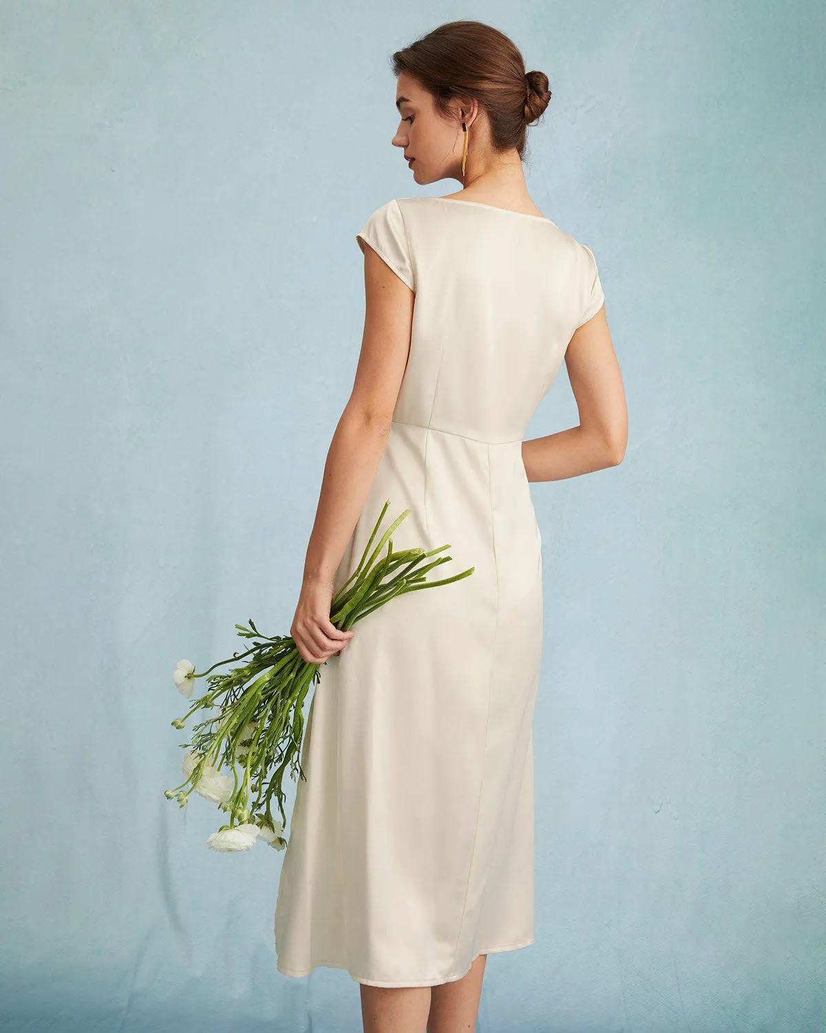 The Apricot Satin Cap Sleeve Sheath Slit Midi Dress sold by rihoas product image thumbnail 5