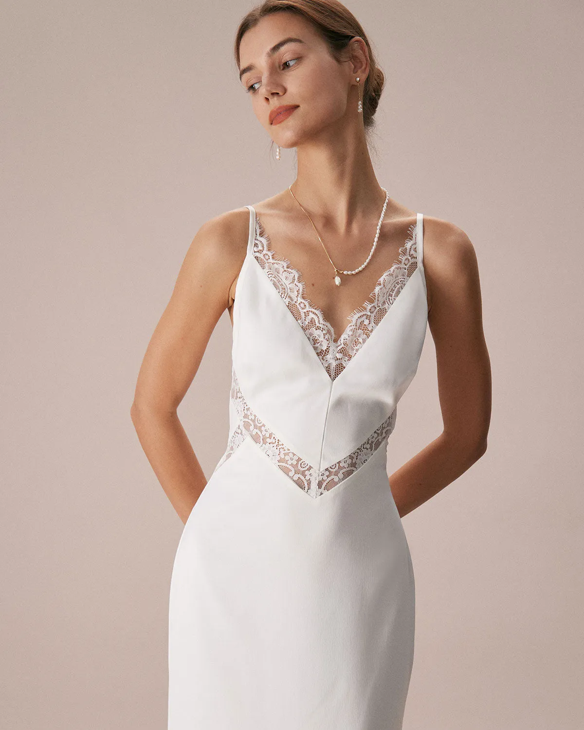 The White V Neck Lace Trim Slip Maxi Dress sold by rihoas product image thumbnail 5