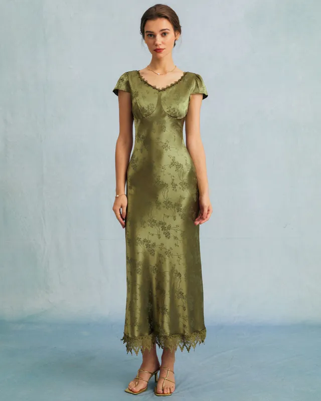 The Green Jacquard Cap Sleeve Satin Midi Dress sold by rihoas