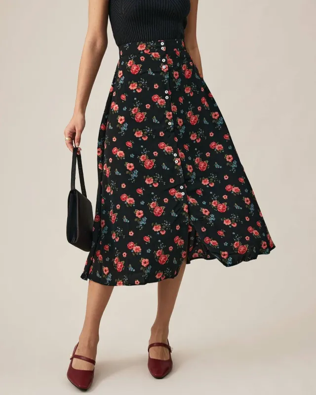 The Rose Print Midi Skirt sold by rihoas