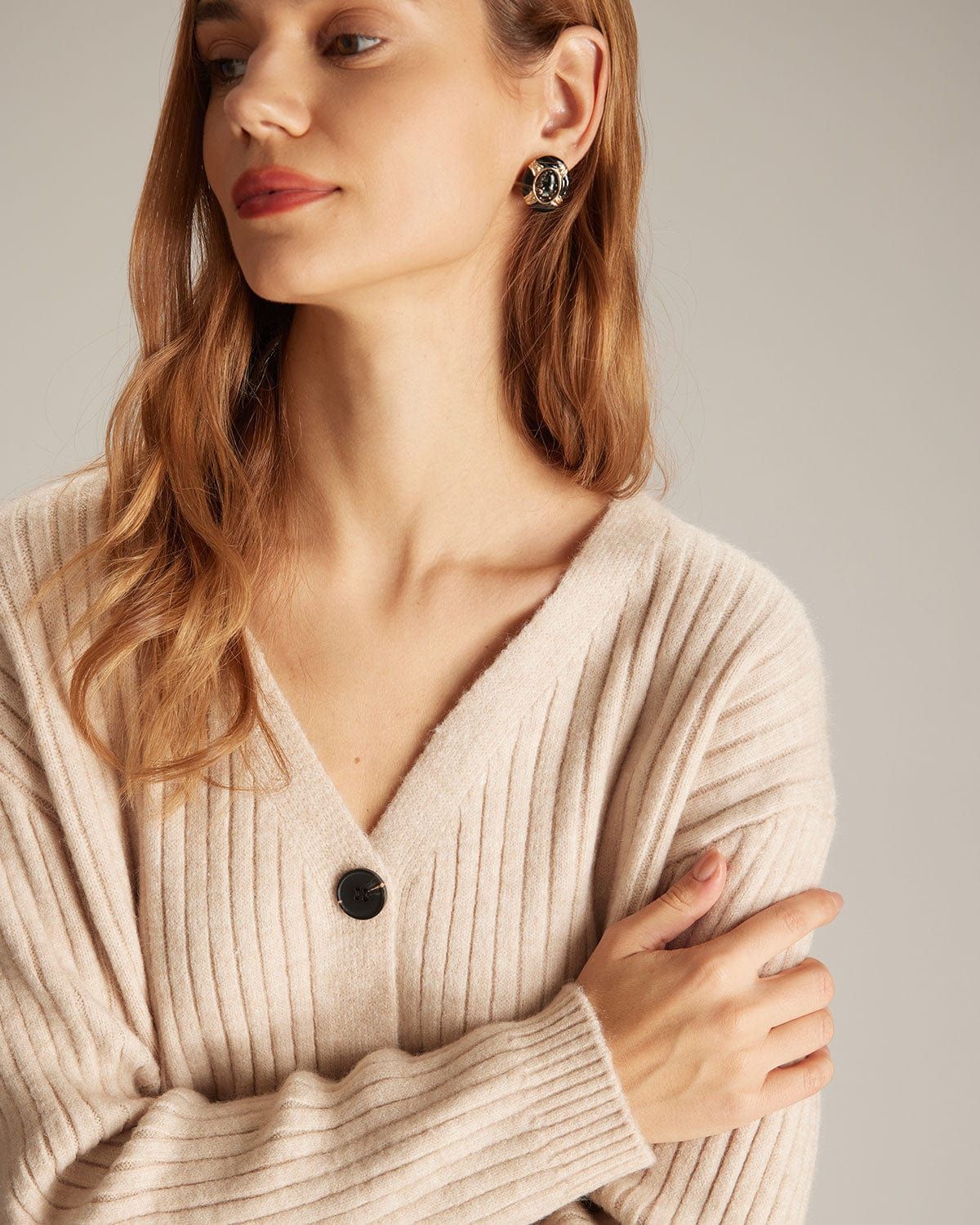 The Khaki V Neck Button-Down Knit Cardigan sold by rihoas product image thumbnail 5