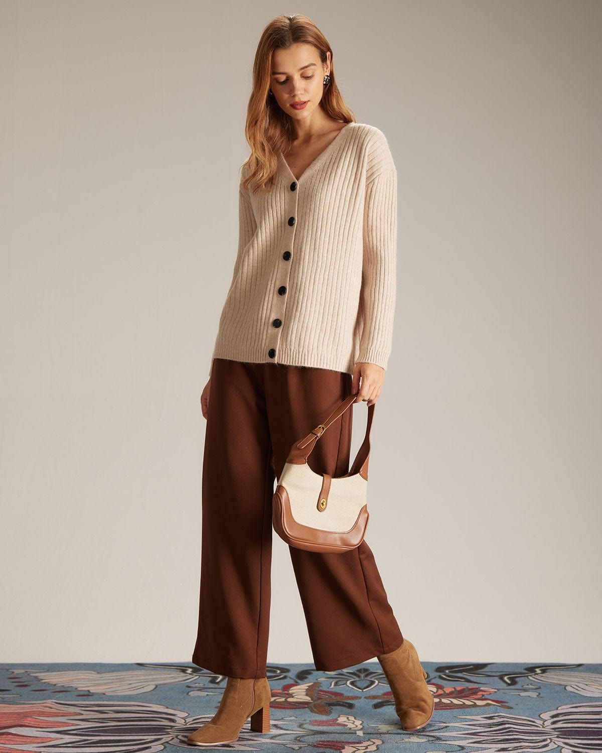 The Khaki V Neck Button-Down Knit Cardigan sold by rihoas product image thumbnail 3