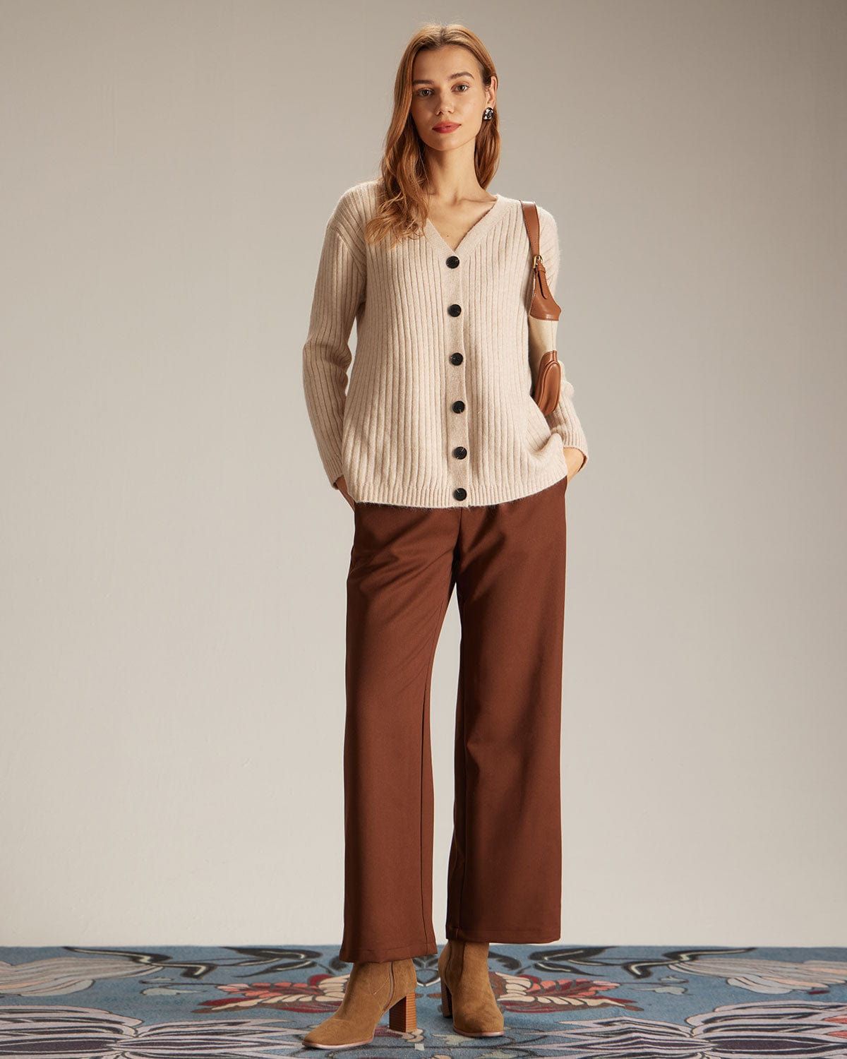 The Khaki V Neck Button-Down Knit Cardigan sold by rihoas product image thumbnail 2