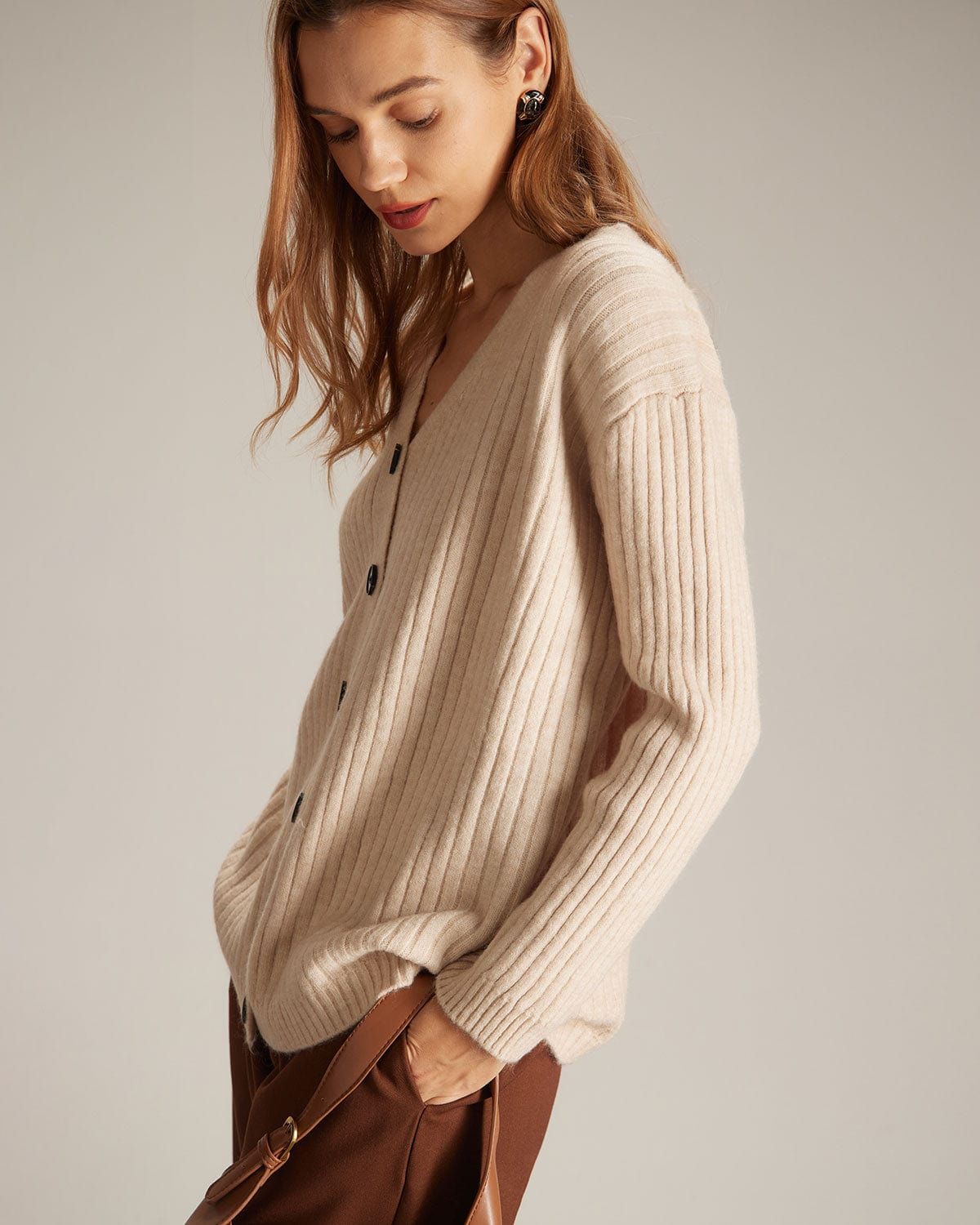 The Khaki V Neck Button-Down Knit Cardigan sold by rihoas product image thumbnail 4