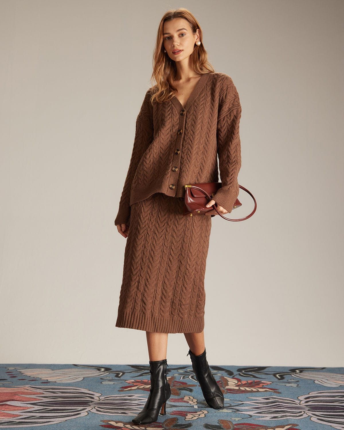 The Coffee V Neck Button Woolen Skirt Set sold by rihoas