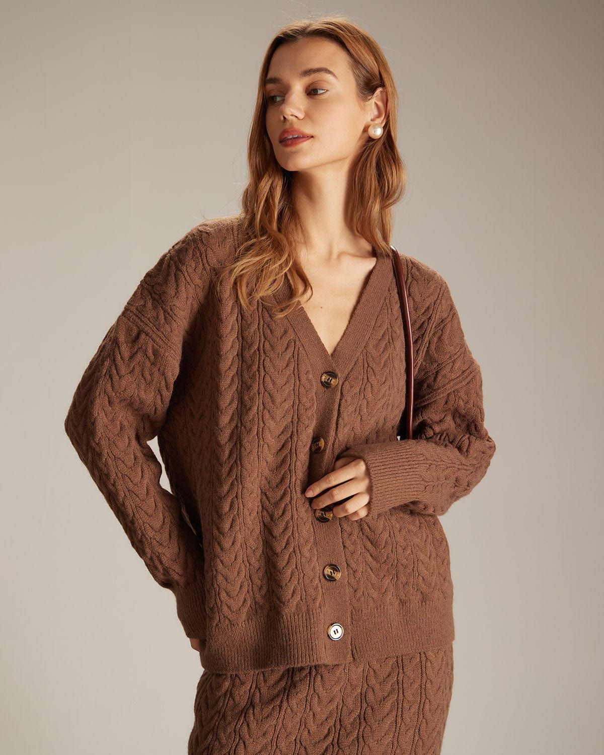 The Coffee V Neck Button Woolen Skirt Set sold by rihoas product image thumbnail 4