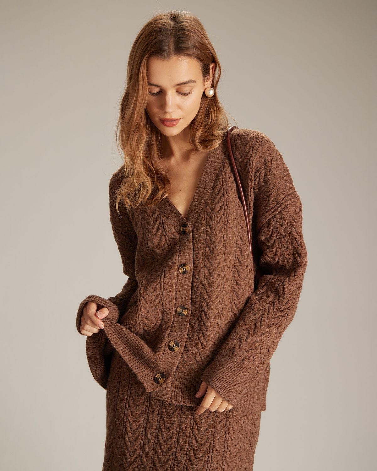 The Coffee V Neck Button Woolen Skirt Set sold by rihoas product image thumbnail 3