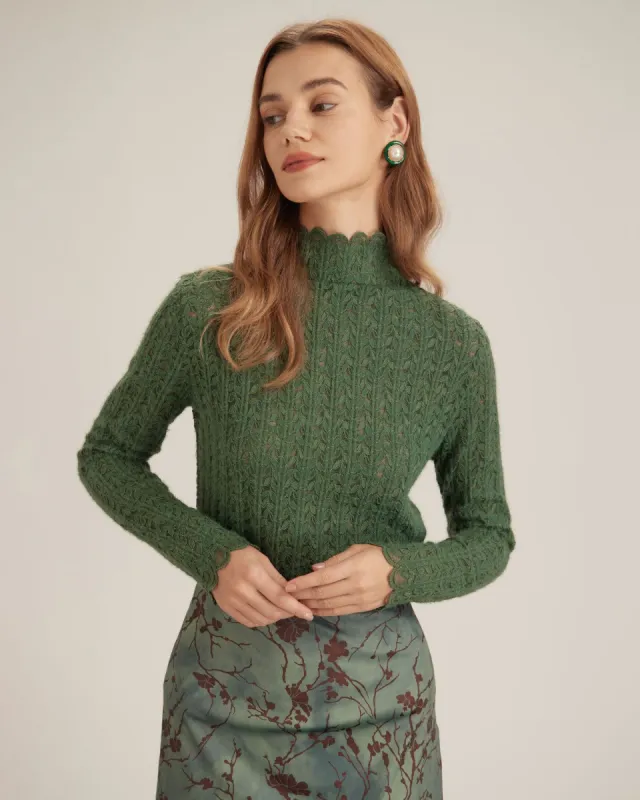 The Dark Green Mock Neck Leaf Print Lace Tee sold by rihoas