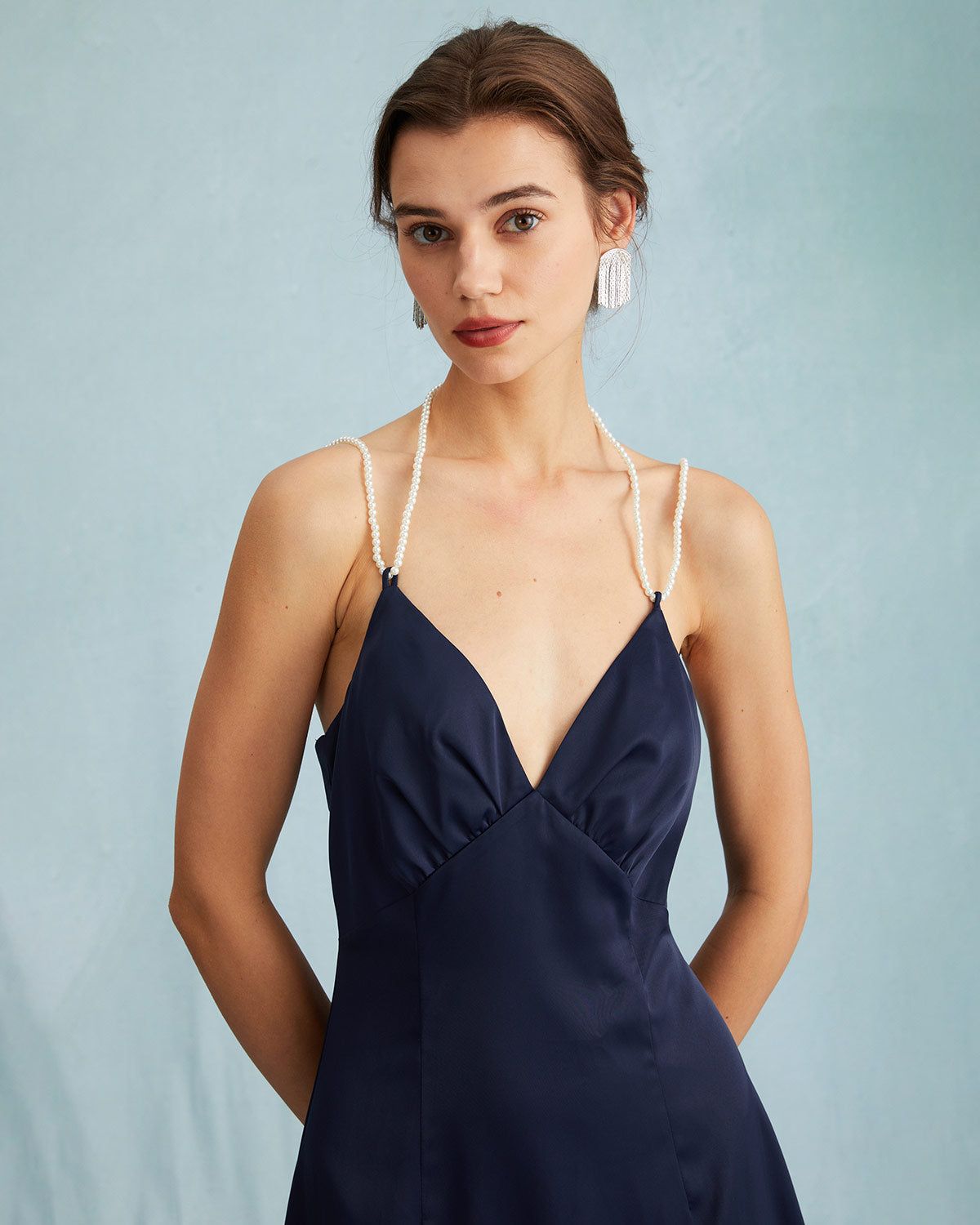 The Navy Satin V Neck Sleeveless Pearl Strap Midi Dress sold by rihoas product image thumbnail 2