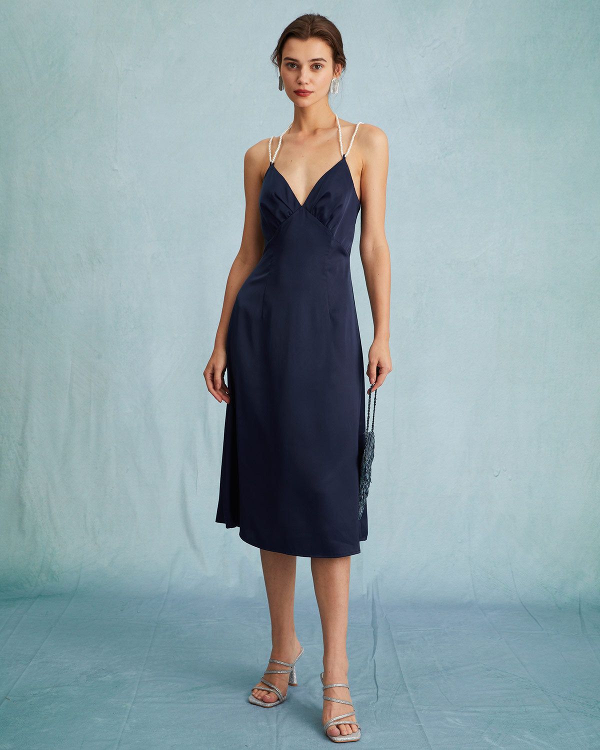 The Navy Satin V Neck Sleeveless Pearl Strap Midi Dress sold by rihoas product image thumbnail 3