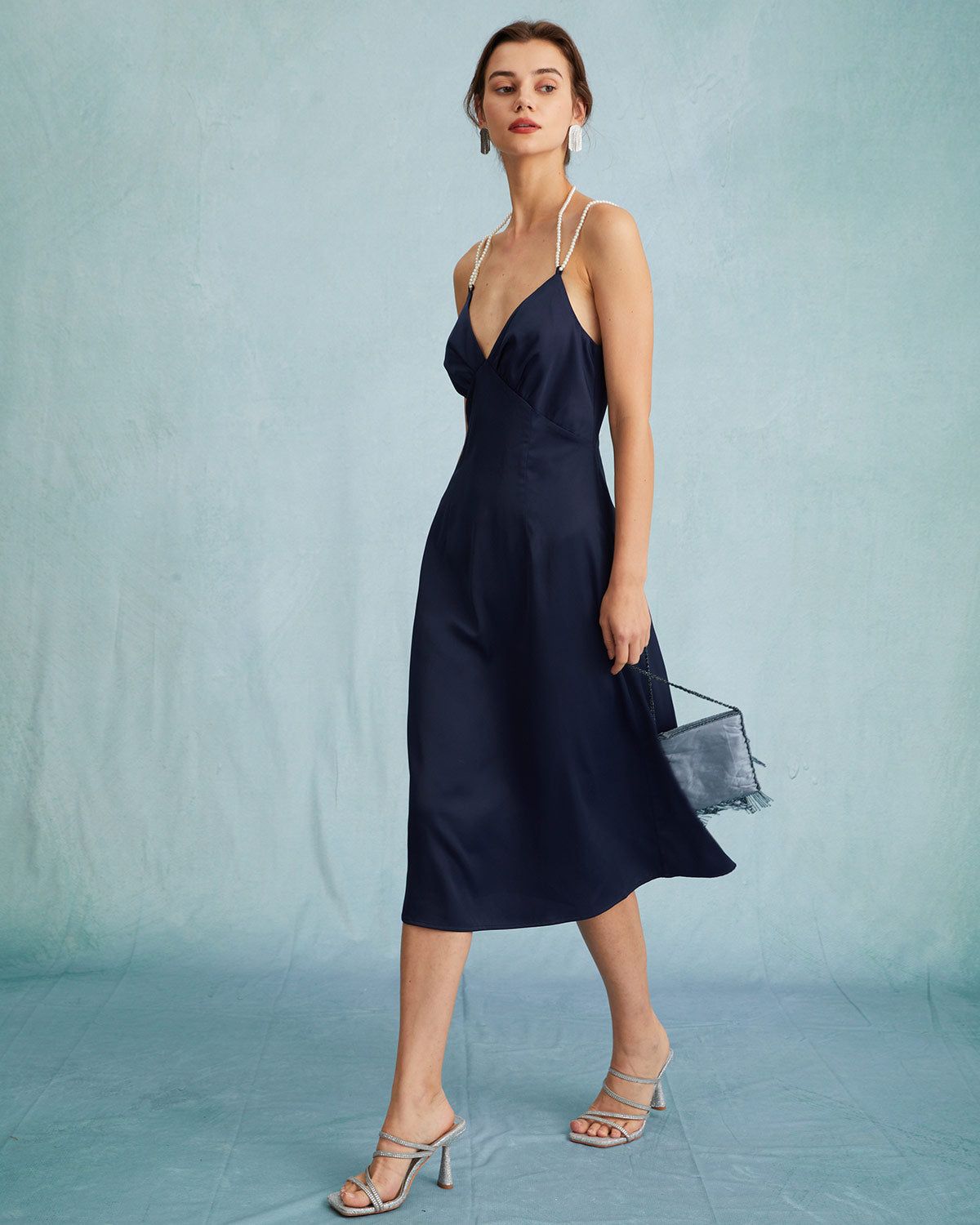 The Navy Satin V Neck Sleeveless Pearl Strap Midi Dress sold by rihoas product image thumbnail 4