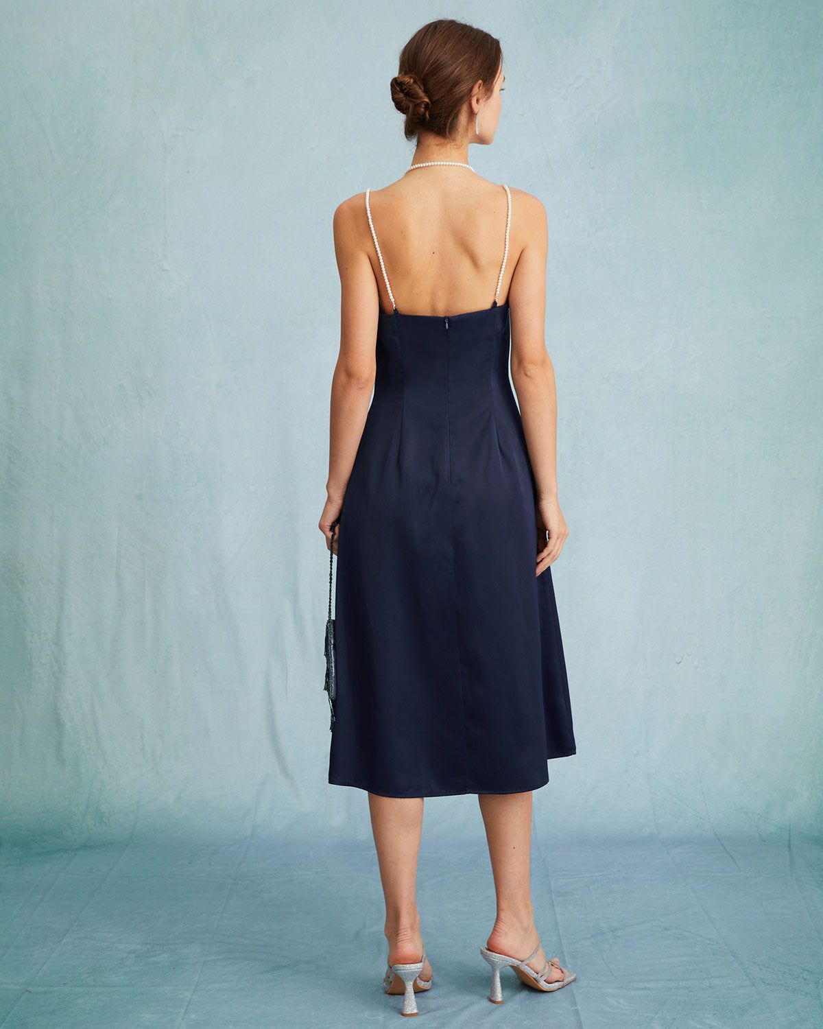 The Navy Satin V Neck Sleeveless Pearl Strap Midi Dress sold by rihoas product image thumbnail 5