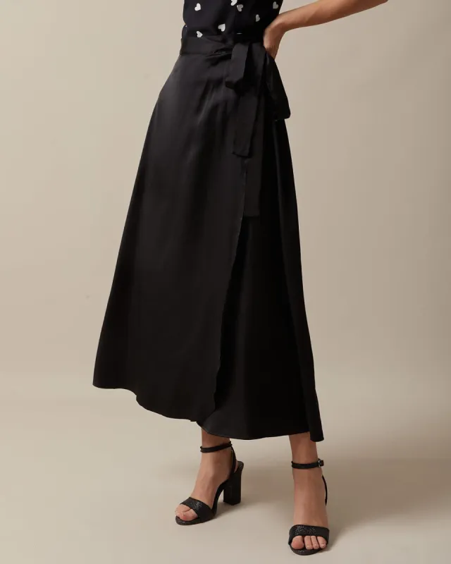 The Black Tie Waist High Waisted Satin Midi Skirt sold by rihoas