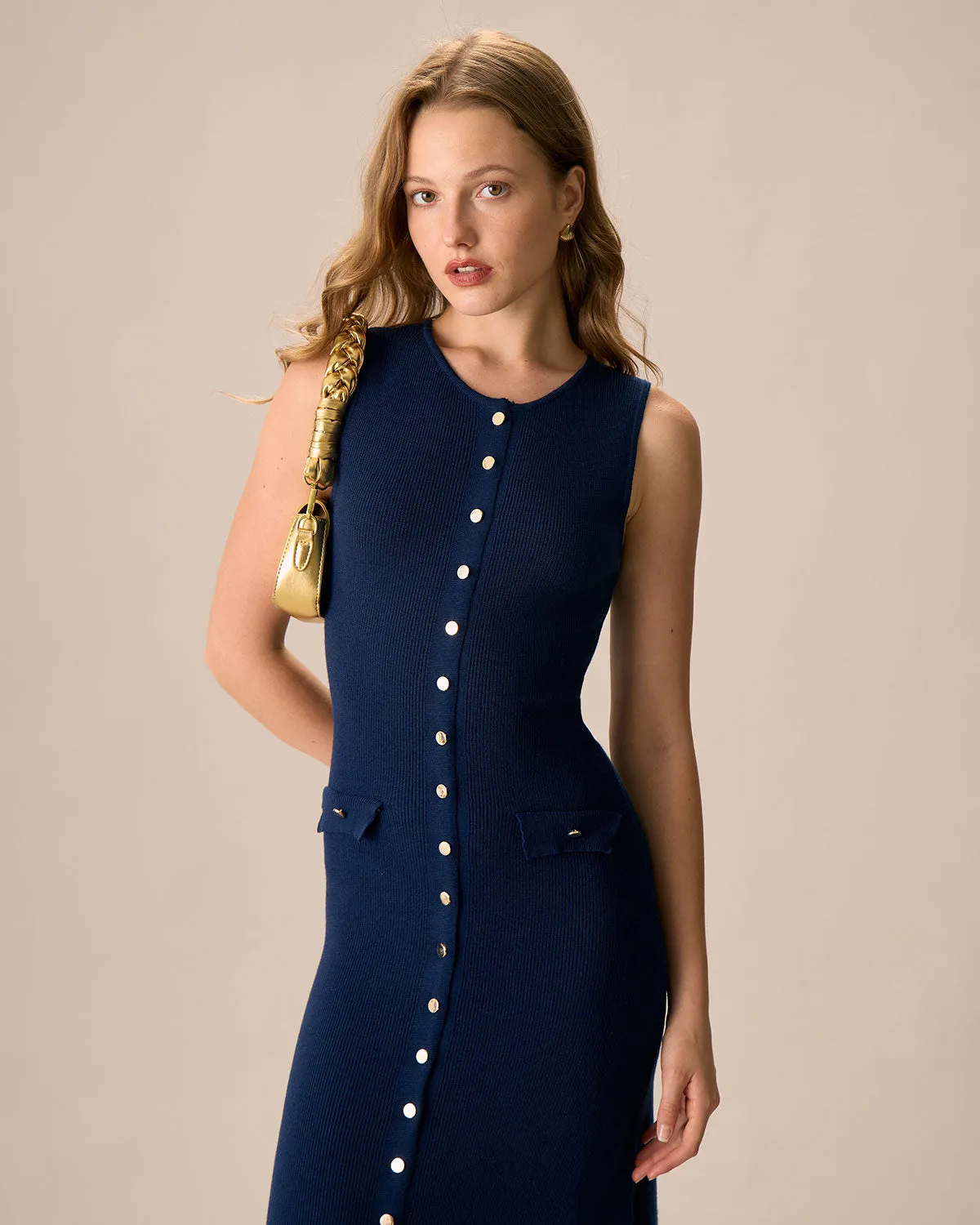 Women's Navy Button-up Sweater Maxi Dress sold by rihoas product image thumbnail 2