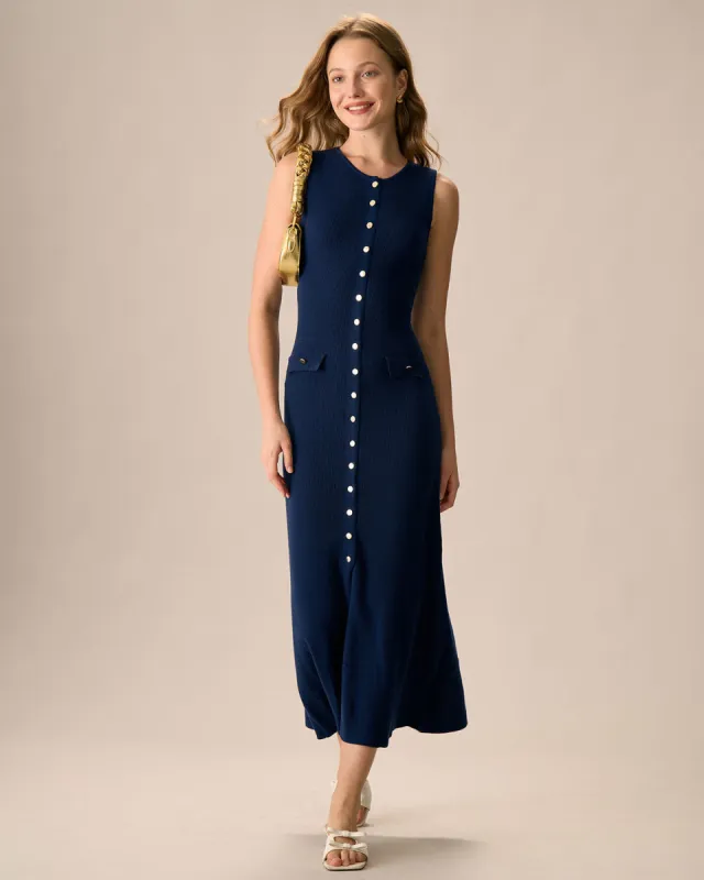 Women's Navy Button-up Sweater Maxi Dress sold by rihoas