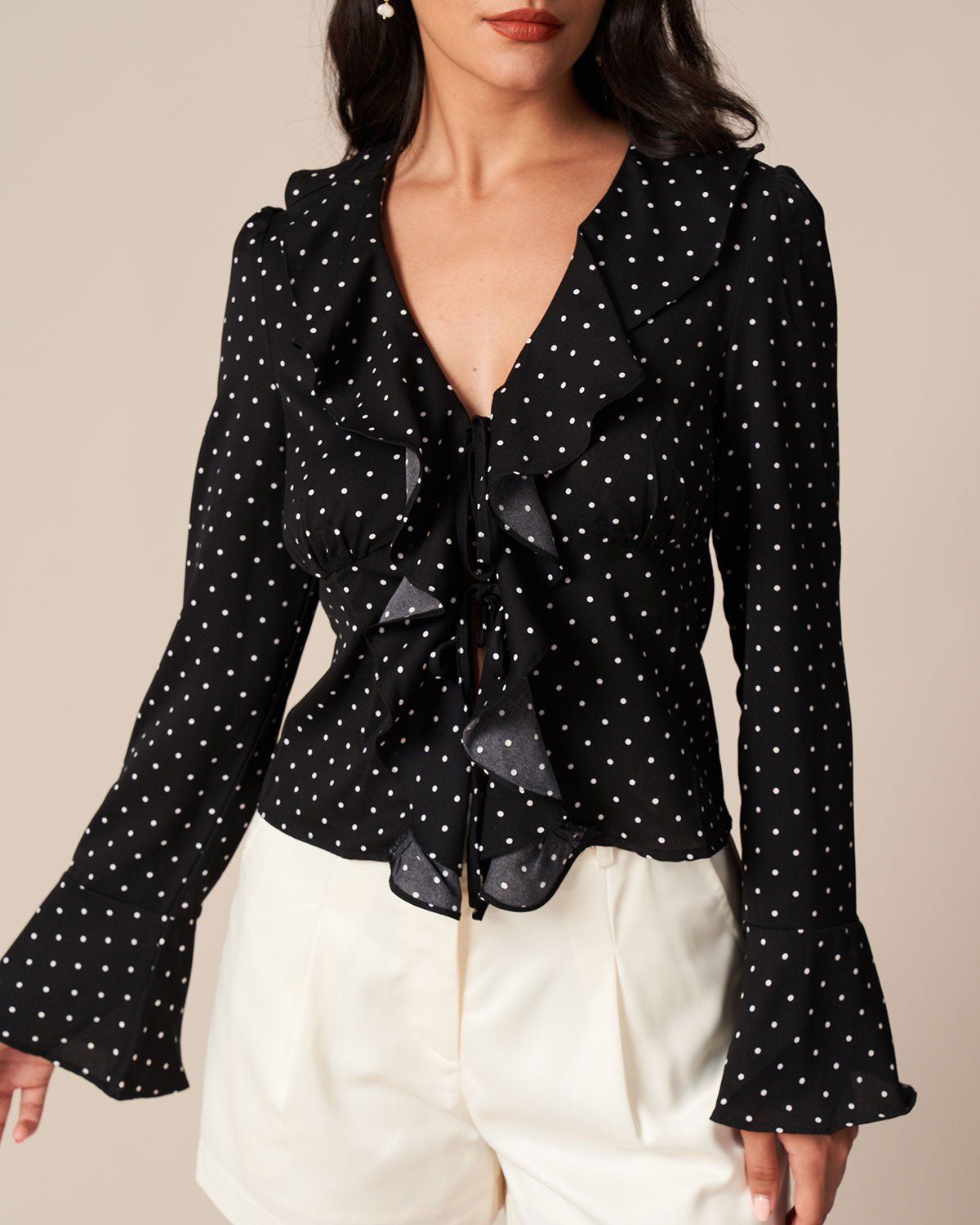 The Black V Neck Polka Dot Ruffle Blouse sold by rihoas product image thumbnail 2