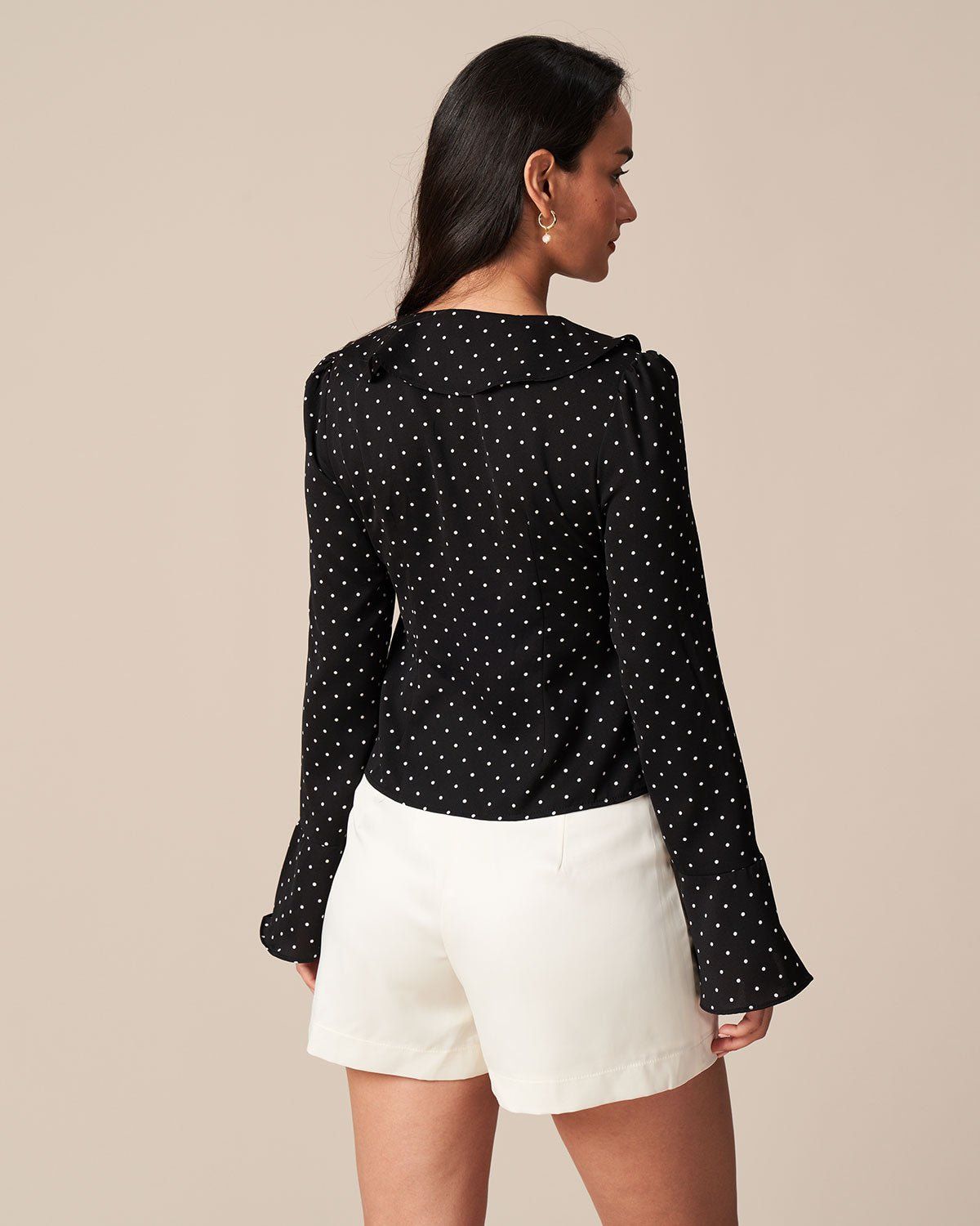 The Black V Neck Polka Dot Ruffle Blouse sold by rihoas product image thumbnail 5