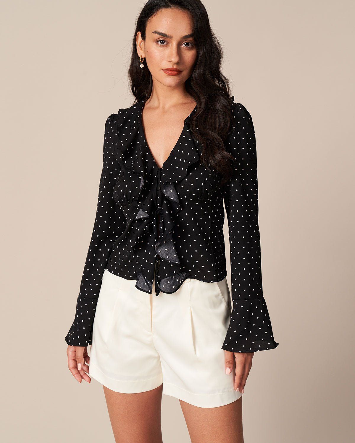 The Black V Neck Polka Dot Ruffle Blouse sold by rihoas product image thumbnail 3