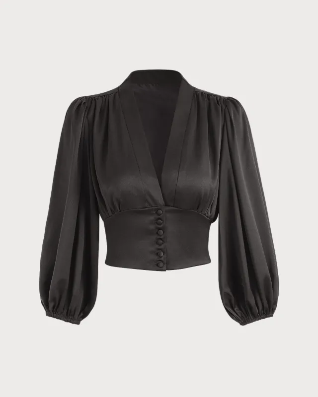 The Black Balloon Sleeves Satin Crop Blouse sold by rihoas