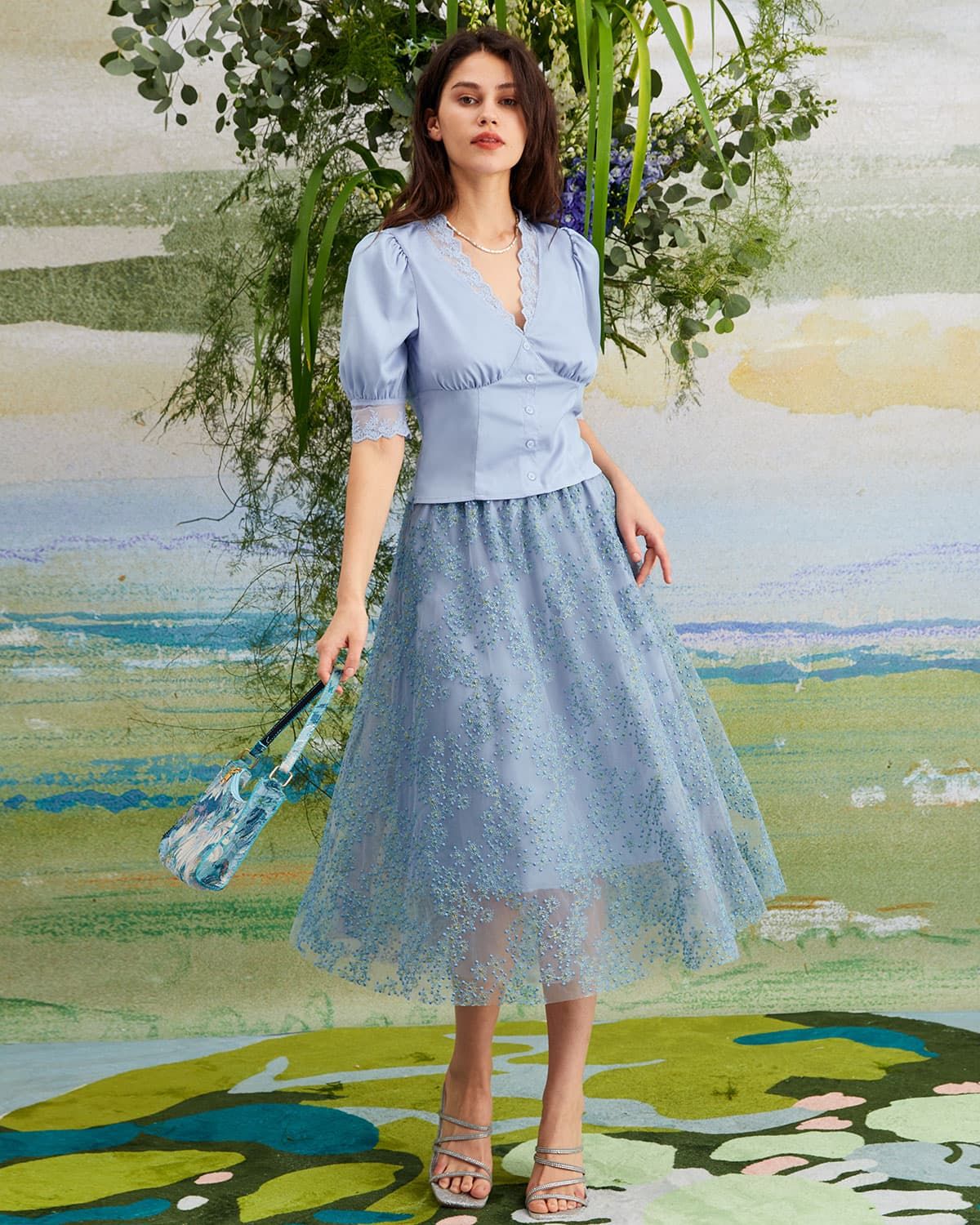 The Blue Embroidered Floral Mesh Midi Skirt sold by rihoas product image thumbnail 4