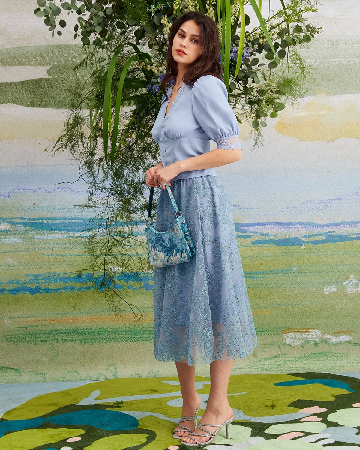 The Blue Embroidered Floral Mesh Midi Skirt sold by rihoas product image thumbnail 3