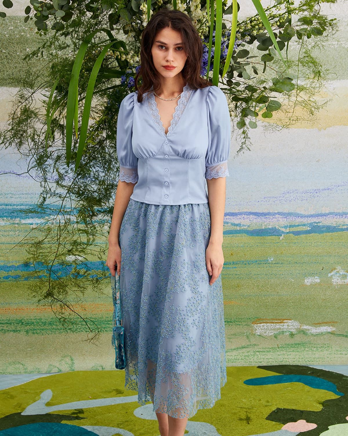 The Blue Embroidered Floral Mesh Midi Skirt sold by rihoas product image thumbnail 2