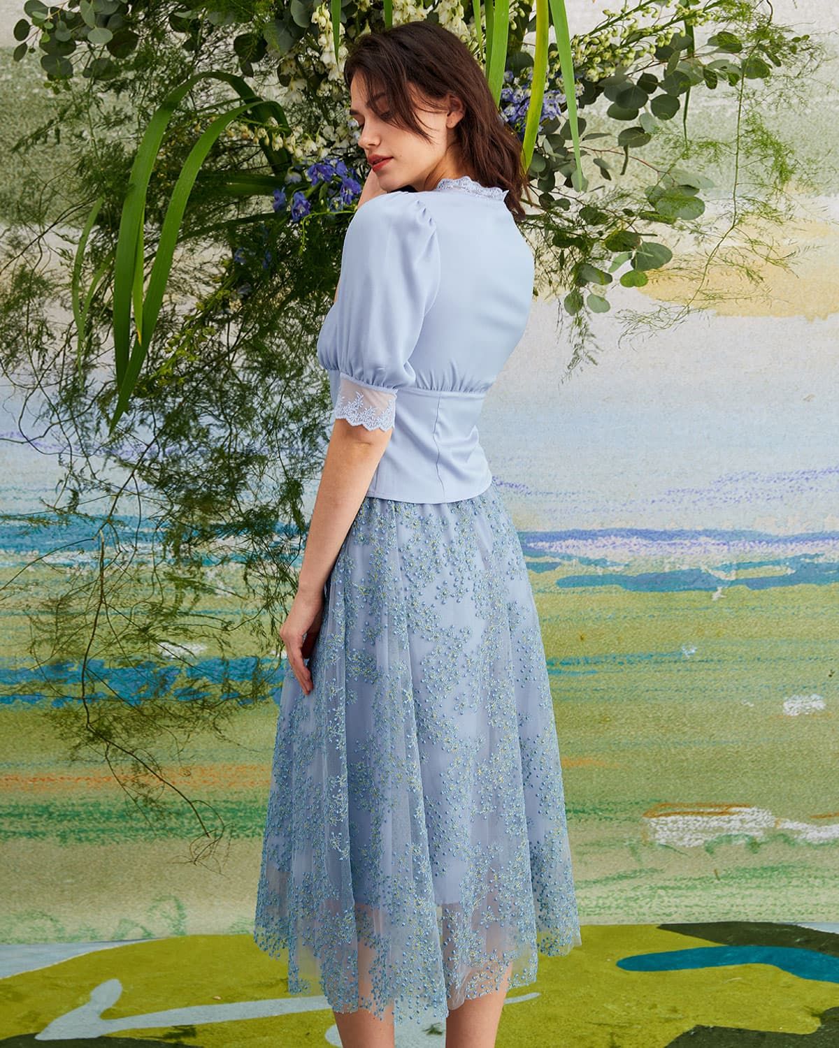The Blue Embroidered Floral Mesh Midi Skirt sold by rihoas product image thumbnail 5