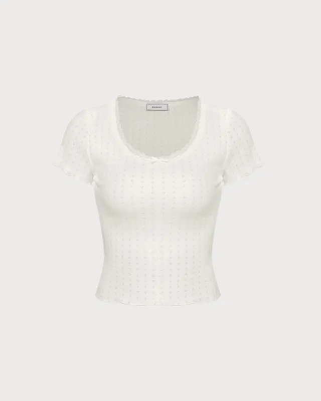 The White Round Neck Lace Pointelle Knit Top sold by rihoas