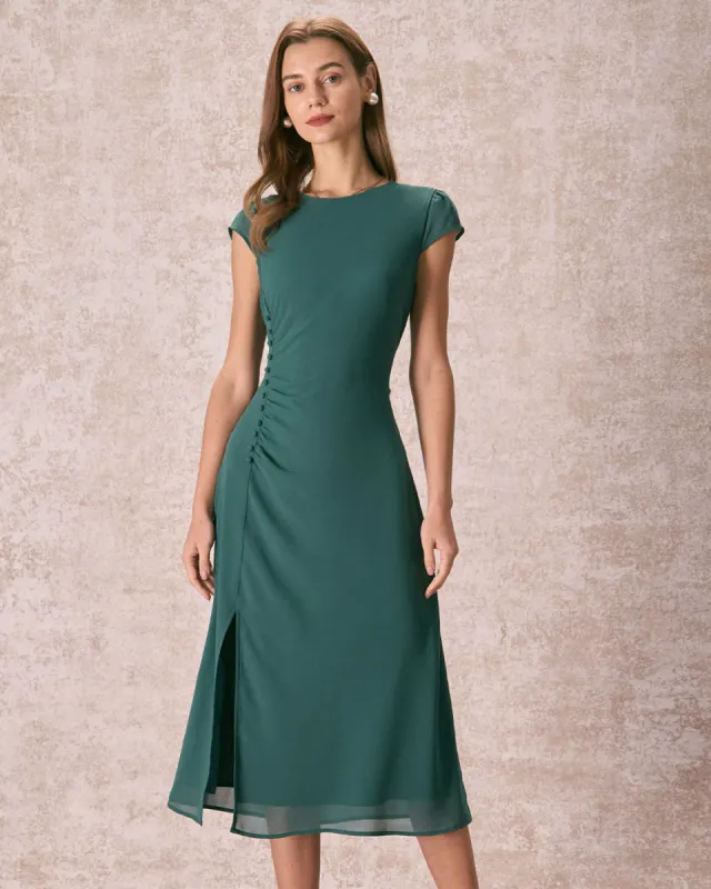 The Green Cap Sleeve Side Split Midi Dress sold by rihoas