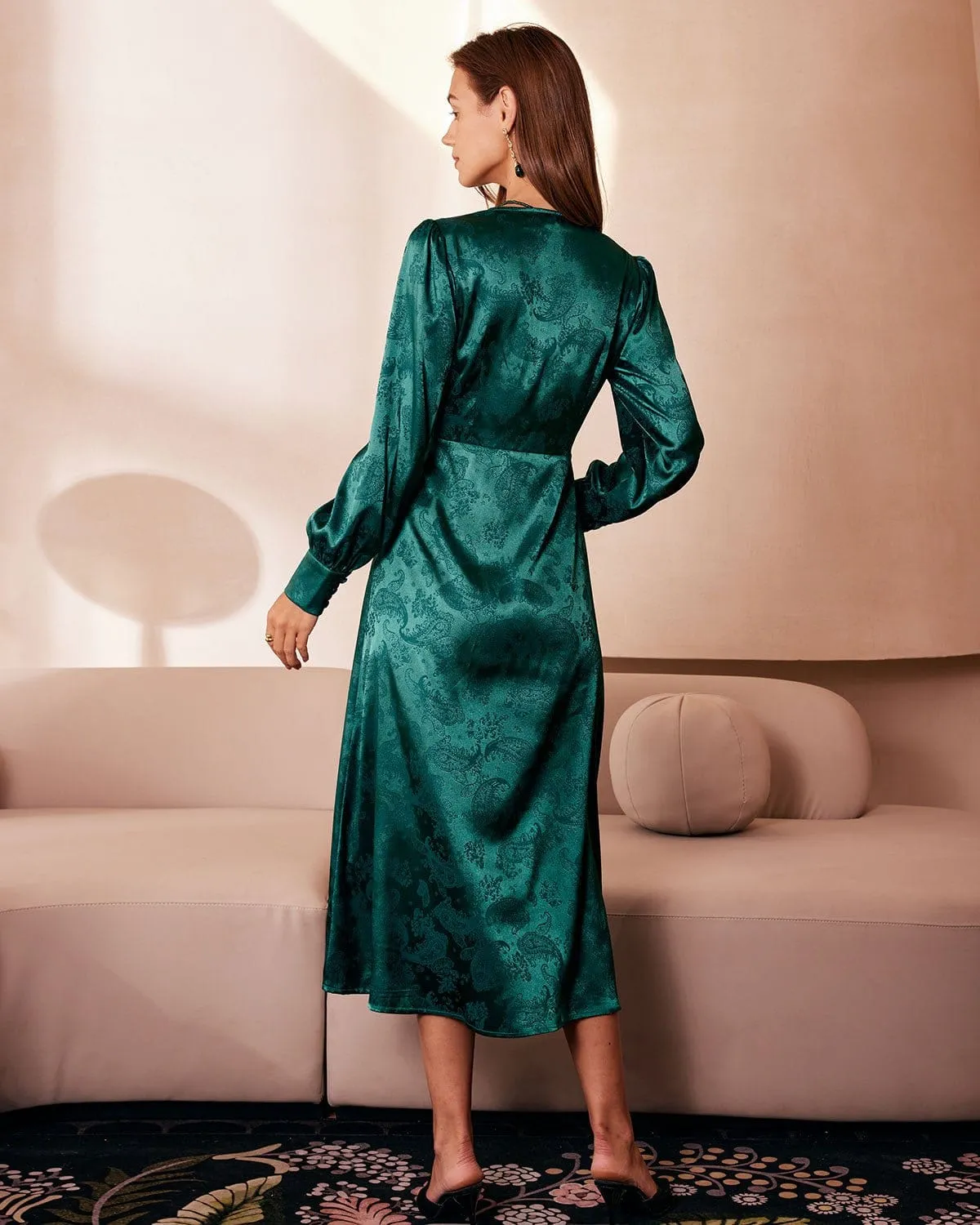 The Green V Neck Jacquard Satin Midi Dress sold by rihoas product image thumbnail 5