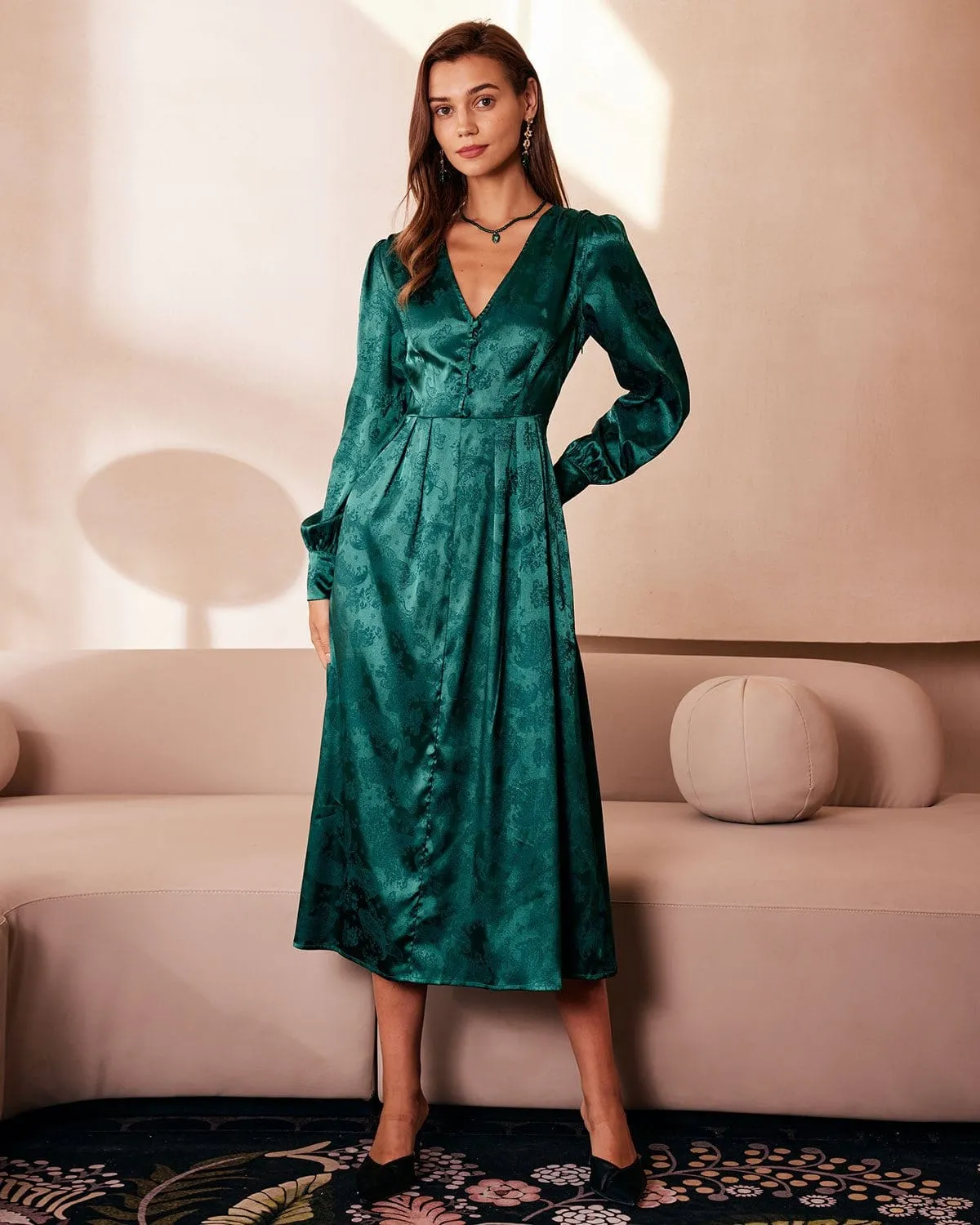 The Green V Neck Jacquard Satin Midi Dress sold by rihoas
