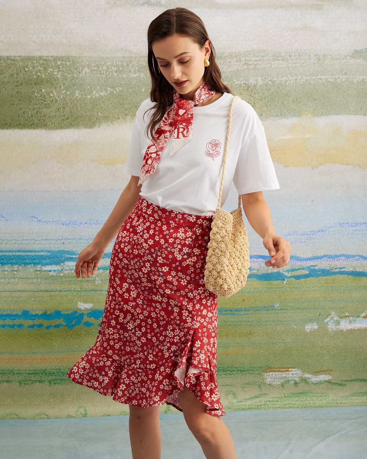 The Red High Waisted Ruffle Floral Midi Skirt sold by rihoas product image thumbnail 3