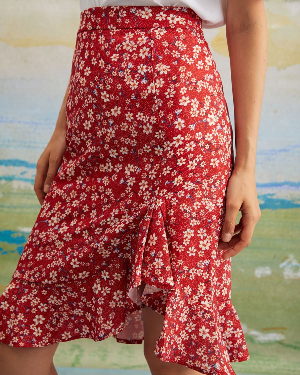 The Red High Waisted Ruffle Floral Midi Skirt sold by rihoas