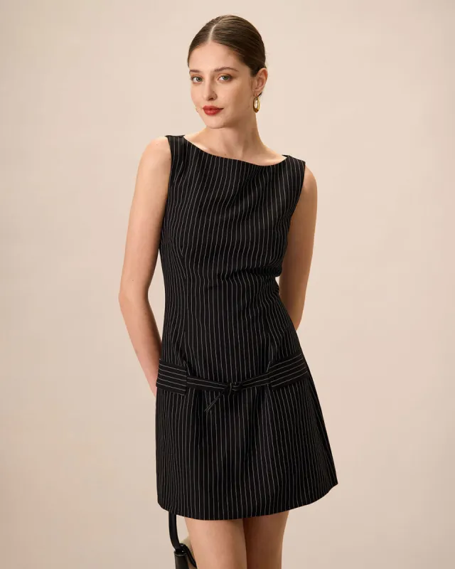 Women's Black Boat Neck Striped Mini Dress sold by rihoas