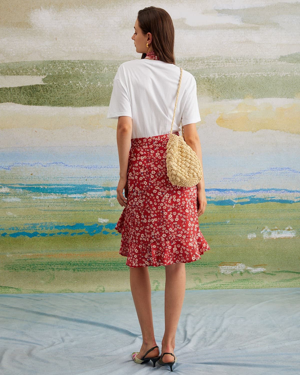 The Red High Waisted Ruffle Floral Midi Skirt sold by rihoas product image thumbnail 5