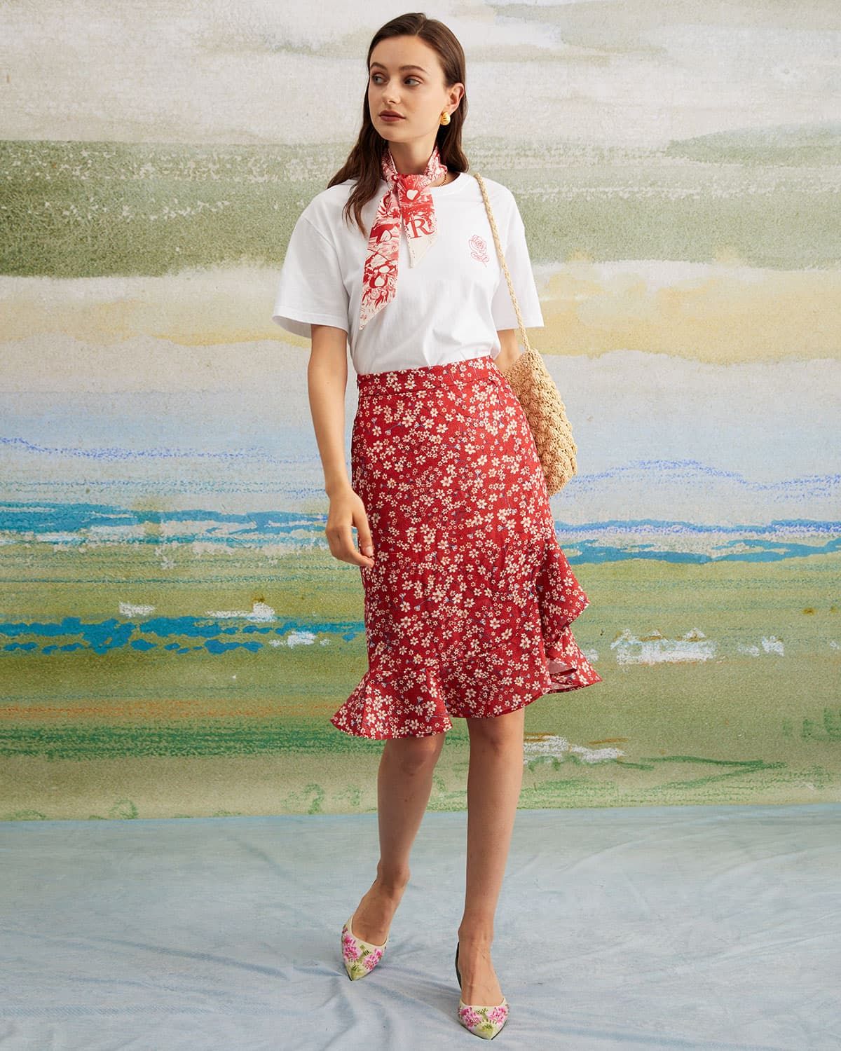 The Red High Waisted Ruffle Floral Midi Skirt sold by rihoas product image thumbnail 2