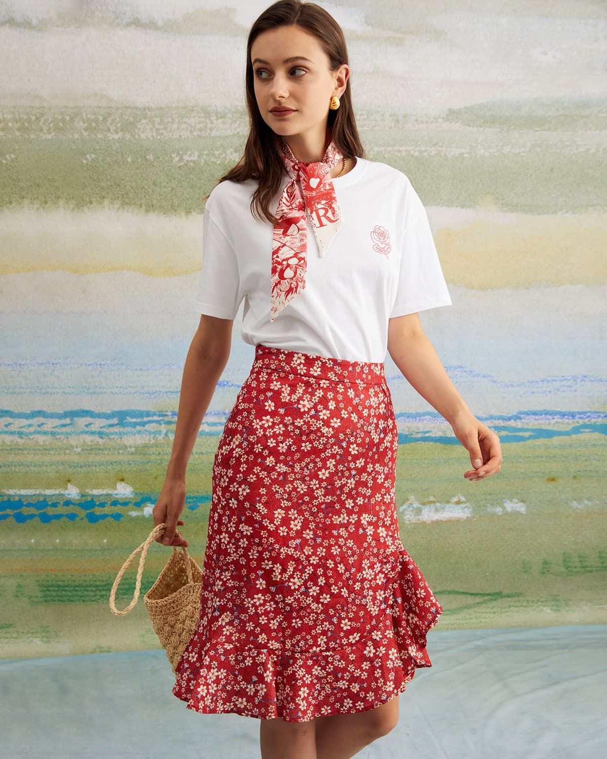 The Red High Waisted Ruffle Floral Midi Skirt sold by rihoas product image thumbnail 4