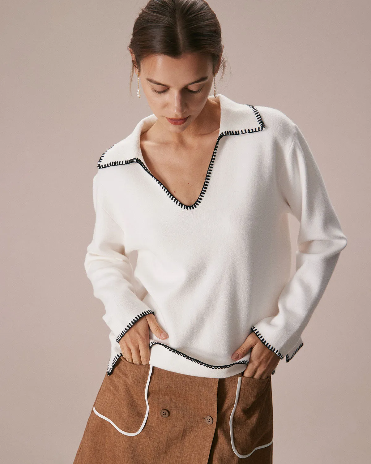 The Beige V Neck Contrast Stitch Sweater sold by rihoas product image thumbnail 3