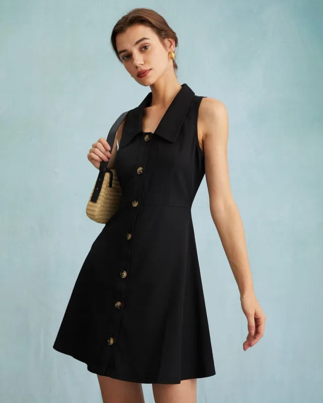 The Black Collared Sleeveless A Line Shirt Mini Dress sold by rihoas