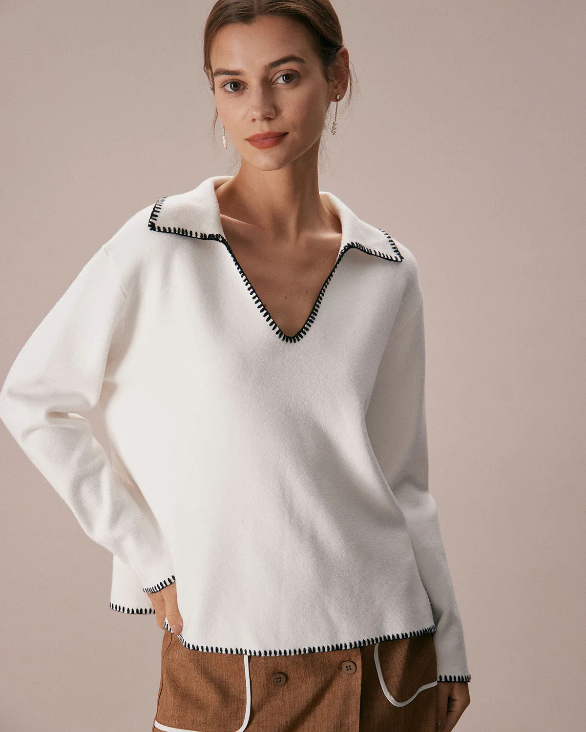 The Beige V Neck Contrast Stitch Sweater sold by rihoas