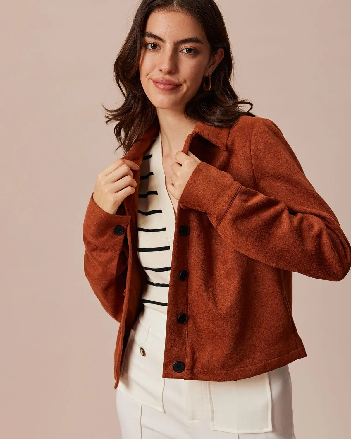 The Brown Single Breasted Suede Jacket sold by rihoas product image thumbnail 4