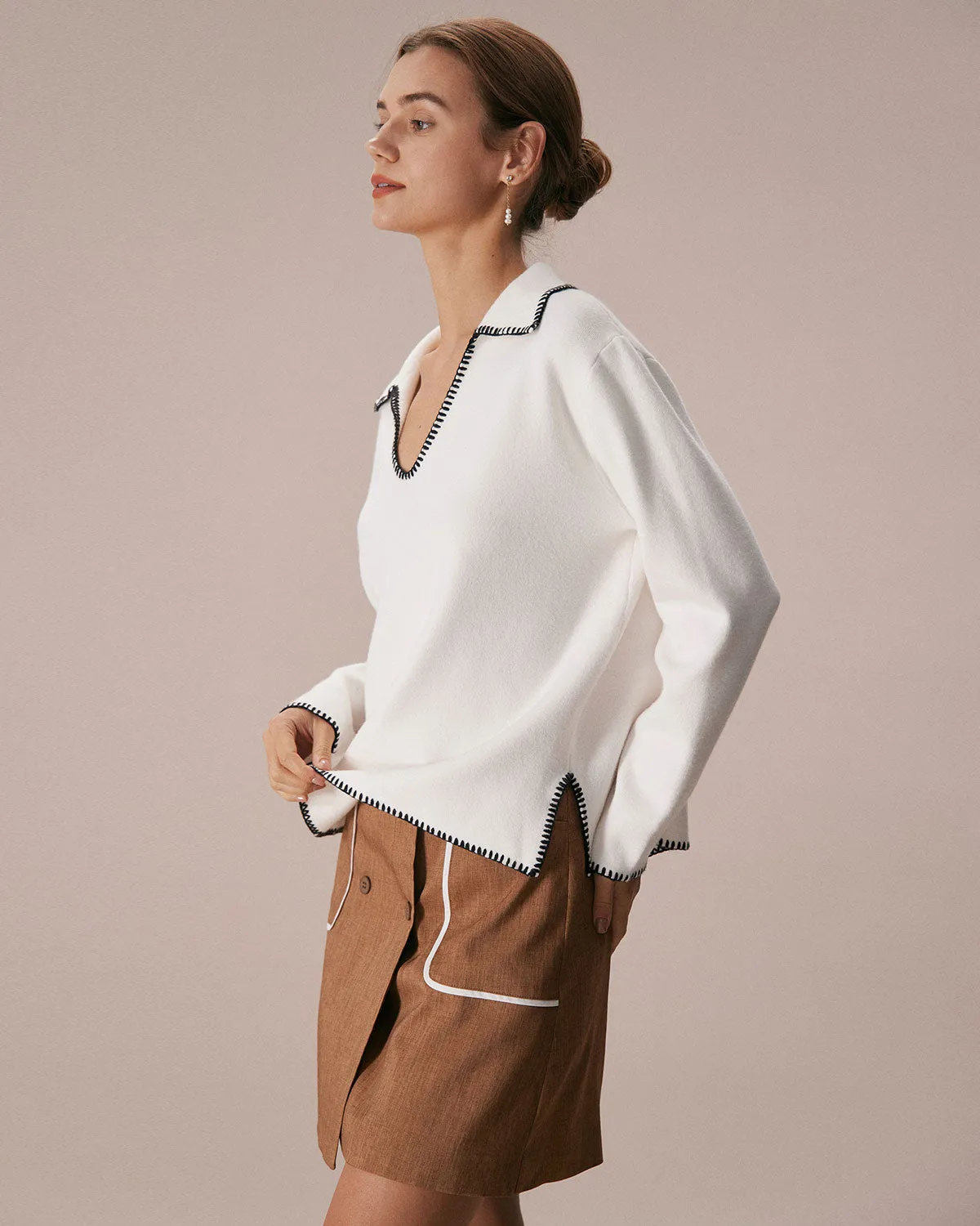 The Beige V Neck Contrast Stitch Sweater sold by rihoas product image thumbnail 2