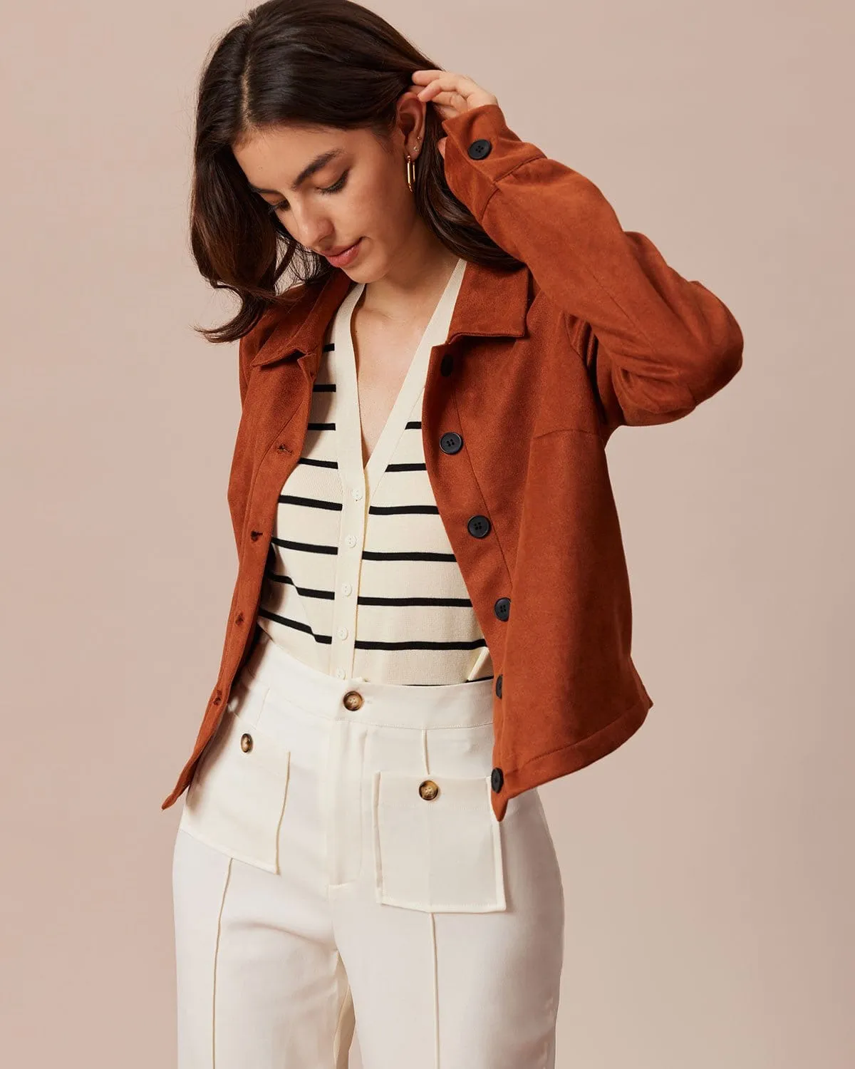 The Brown Single Breasted Suede Jacket sold by rihoas product image thumbnail 3