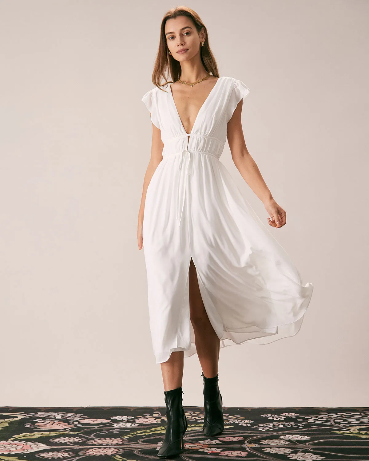 The White Deep V Neck Pleated Midi Dress sold by rihoas product image thumbnail 3